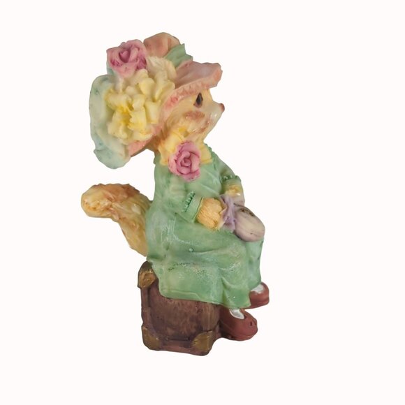 Vintage Cat In Green Dress With Pink Hat Anthropomorphic Resin Figurine - Picture 4 of 5